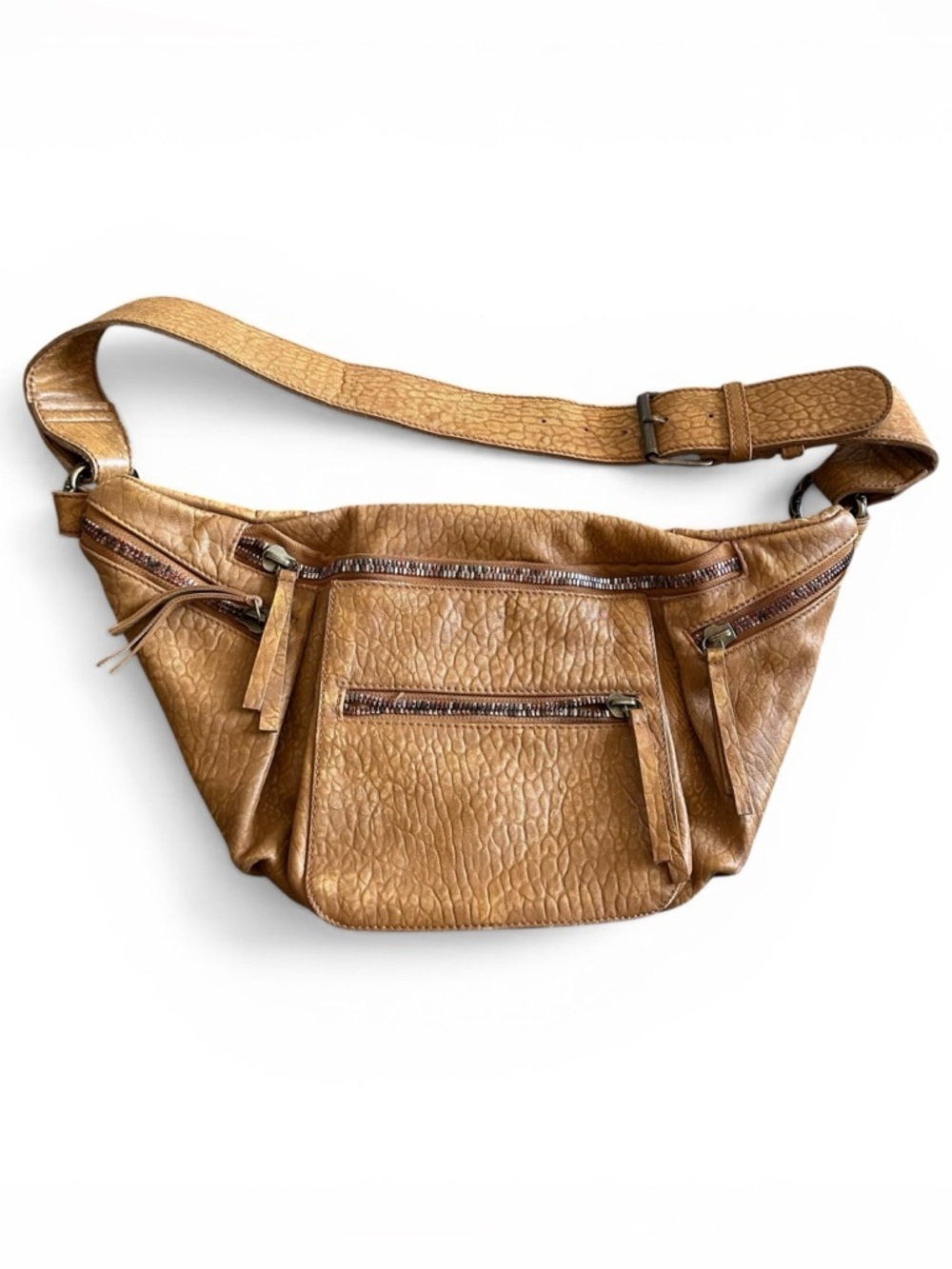 Free People Austin Leather Sling Bag Cognac Fringe Adjustable Strap